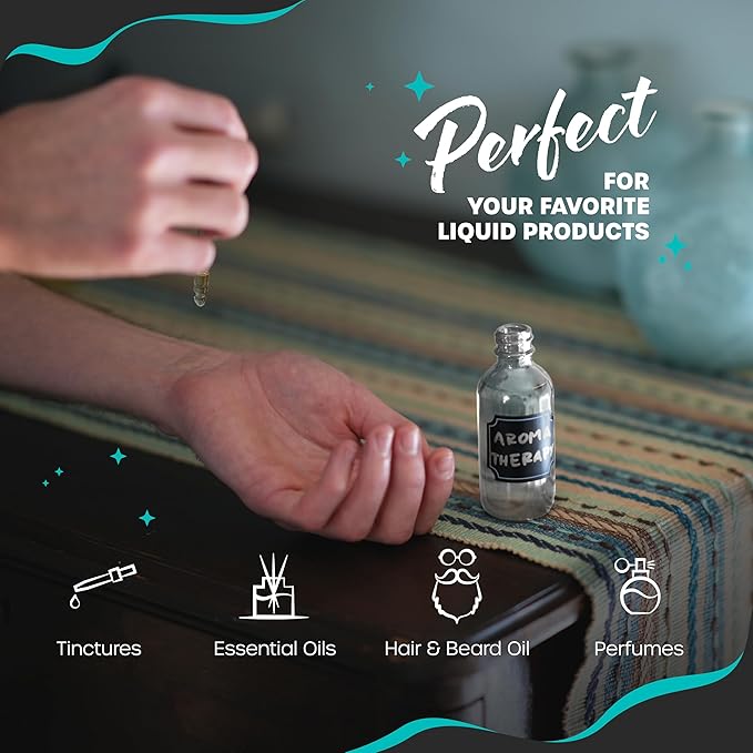 Nevlers 2 Oz Dropper & Spray Clear Glass Bottles w/Funnels, Cleaning Brushes, Label Stickers & Markers Bundle