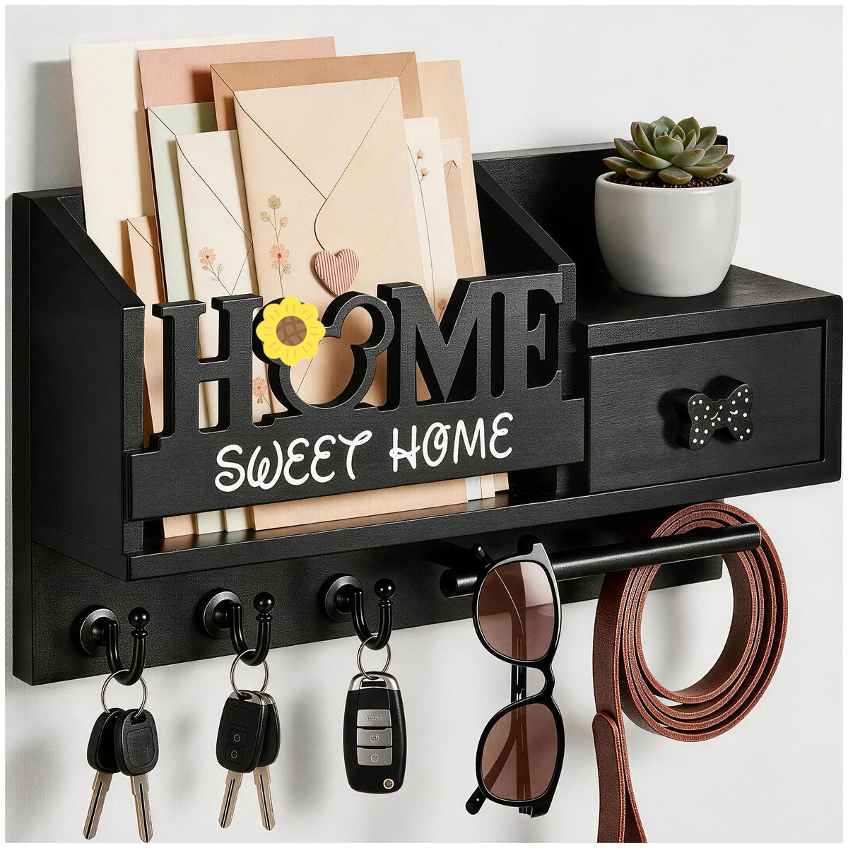 Key Holder Wall Mount with 3 Hooks and Storage Drawer - Image 1