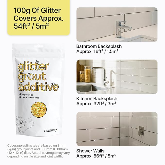 Hemway Glitter Grout Additive add Sparkle to Mosaic Tiles, Bathrooms, Wet Rooms, Kitchens, Tiled Based Rooms and Cement Based Grouts 100g / 3.5oz - Gold Holographic