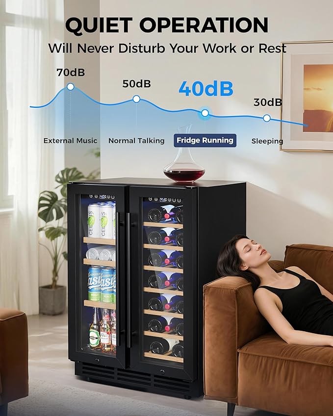 Wine and Beverage Refrigerator, 24 Inch Built-In Wine Fridge with Glass Door, Holds 20 Wine Bottles & 60 Cans, Under Counter Refrigerator with Quiet Cooling System & Blue LED Light(Black)
