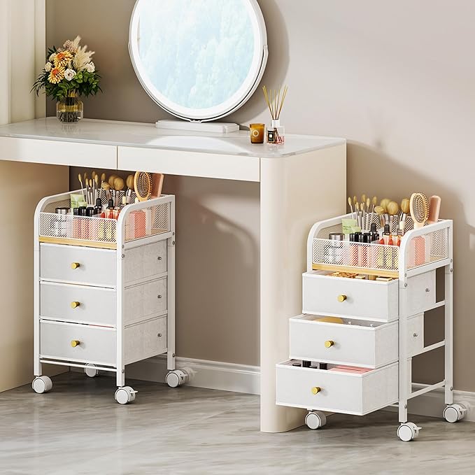 SWTYMIKI Rolling Makeup Organizer Cart - Floor Skincare Make Up Storage with 3 Non-woven Drawers, Vanity Organizer Cosmetic Display Cases Cabinet for Skin Care Perfume Nail Polish Brush Hair Tool
