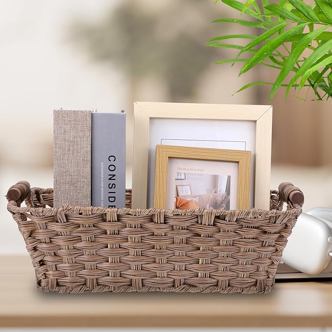 2-Pack Waterproof Wicker Storage Baskets with Handles – Hand-Woven Polypropylene Storage Bins for Pantry, Kitchen, Bathroom (15”L x 10.6”W x 5.1”H, Brown)