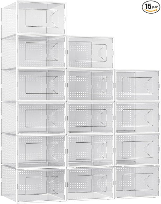 X-Large Shoe Storage Box, 15 Pack Clear Plastic Stackable Shoe Organizer for Closet, Interlocking Design Shoe Container Bins for Sneakers, Foldable Shoe Rack with Lids, White