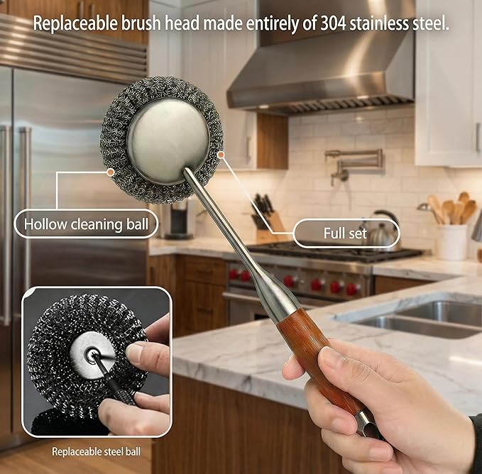 2-Pack Stainless Steel Scrubber Set with 2 Pcs Pads, Steel Wool & Steel Ball Cleaning Brush with Replaceable Heads, Heavy Duty Steel Cleaner for Oven, Stove, Dishes & Grill