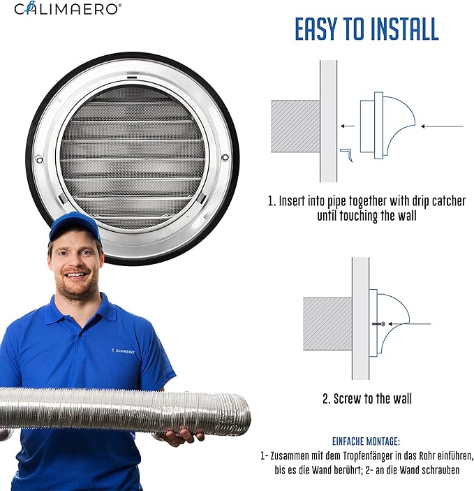 calimaero® KWG 4 inch Round Stainless Steel Dryer Vent Covers Ventilation Grill Hood with Rubber Seal Fits only in Metal Ducts