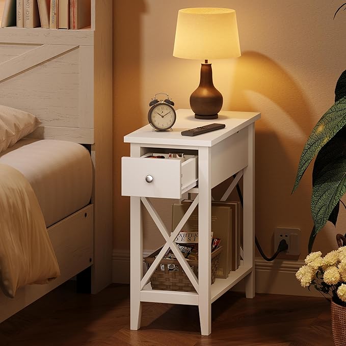 ChooChoo End Table with Charging Station, Narrow Side Table with USB Ports and Outlets, Nightstand with Drawer, for Small Spaces, Bedside Tables for Living Room, White
