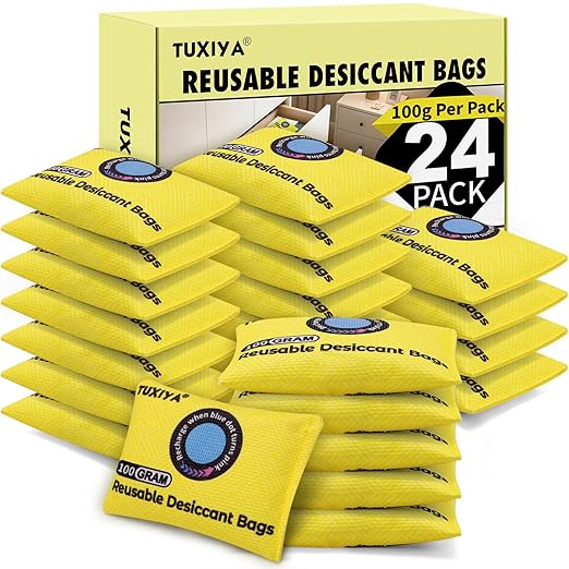 24Pack(100g Each) Rechargeable Silica Gel Desiccant Packets,Color Indicating Desiccant Packs for Storage,Moisture Absorbers for Storage Bins,Suitcase,Safes,3D Filaments,Wet Zones and Cars