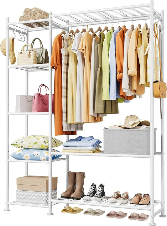 Closet Organizers and Storage - Free-Standing Clothes Rack with Leveling Feet & Wall-Anchor Straps, Wardrobe Closet with 6 Hooks for Bedroom, Living Room, Laundry, 48.8"×12.6"×62.2",White