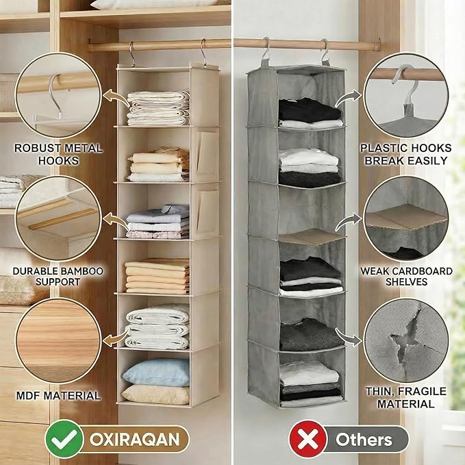 2 Pack 6-Shelf Hanging Closet Organizer, Closet Hanging Storage Shelves with Side Pockets for Clothes, Shoes, Accessories, Wardrobe Organizer, Space Saving Solution