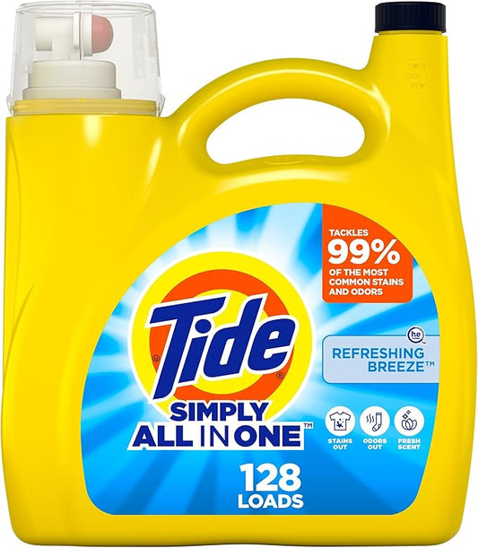 Tide Simply All-In-One Liquid Laundry Detergent, Refreshing Breeze Scent, 128 Loads, 168 fl oz