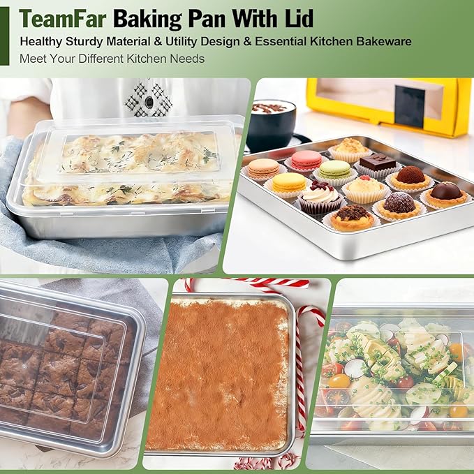 TeamFar Lasagna Pan with Lid, 12.3’’ x 9.75’’ x 2’’, Stainless Steel Rectangular Baking Cake Pan, Heavy Duty & Non-Toxic, Deep & Visible, Brushed Finish & Dishwasher Safe- (1 Pan+1 Lid)