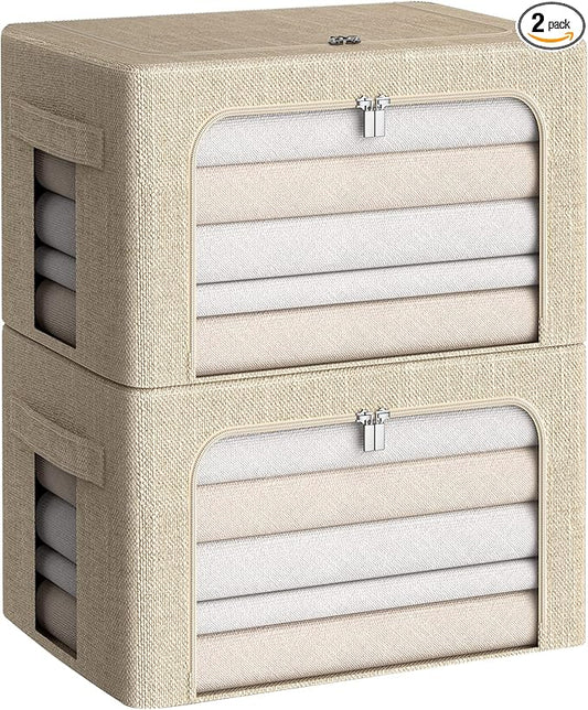 CYhom Clothes Storage Bins Box - Linen Fabric Foldable Stackable Container Organizer Set with Clear Window & Carry Handles & Metal Frame for Bedding, Blankets, Books (Beige, Medium-36L)