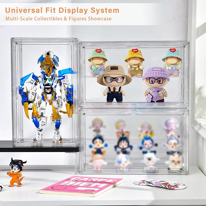 Clear Acrylic Display Case for Collectibles - 3-Tier Adjustable Figure Display with Magnetic Door & Removable Shelves,Stackable Dispaly box for Figures - 2 Pack