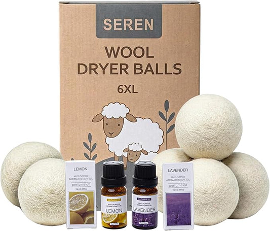 SEREN Wool Dryer Balls 6 Pack XL with Lavender Lemon Essential Oils - Organic New Zealand Wool, Natural Fabric Softener Alternative Reduces Static Wrinkles, Chemical-Free Reusable Eco-Friendly