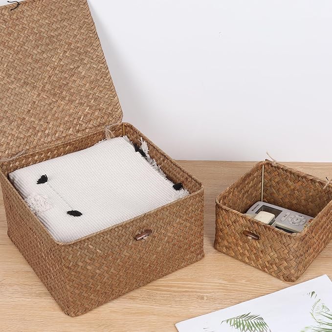 Wicker Shelf Baskets with Lid, Handwoven Seagrass Storage Basket Bins Square Gift Boxes for Shelves Home Decor Organizer (Coffee, Set of 4)