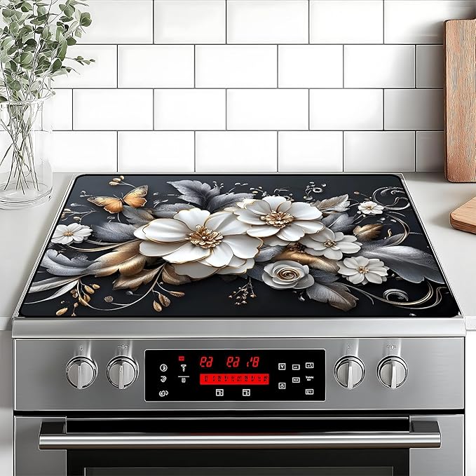 White flower Stove Top Cover Retro Flower Gas Stove Top Cover for Home Decoration Kitchen Pad Non-Stick Washable Cooktop Covers Countertop Protector Keep Stove Clean 28"x20"