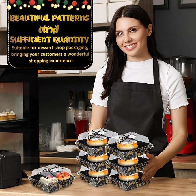 Outus 100 Pack Charcuterie Boxes with Clear Lids, 5.7 x 5.1 '', Mother 's Day Back to School Paper Food Containers Cake Take out Bakery Boxes with Gift Tags Rope for Desserts(Black,Gold,Christmas)