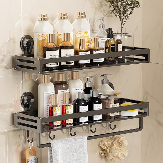 Shower Caddy Suction Cup, 15.8 inch 2 Pack Suction Shower Shelf with Hooks NO-Drilling Bathroom Holder, Rustproof Bathroom Organizer, Includes 2 Extra Suction Cups, Dark Grey
