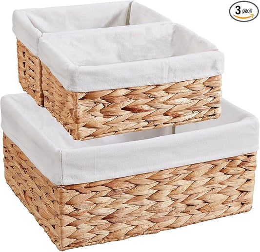 Vagusicc Wicker Basket, 3-Pack Water Hyacinth Wicker Storage Basket with Handles, Storage Baskets for Organizing, Large Hyacinth Storage Baskets for Shelves with Liner (Water Hyacinth Baskets Set)