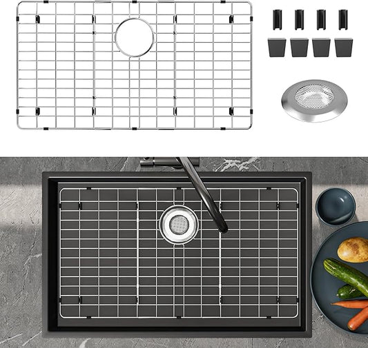 Stainless Steel Sink Protector 27-9/16" x 14-9/16" with Rear Drain, Metal Sink Rack for Bottom of Sink, Kitchen Sink Grate and Sink Protectors with Sink Strainer (27-9/16" x 14-9/16" - Rear Drain)