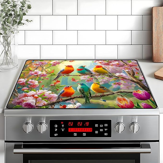 Happy Easter Stove Top Cover Flower Eggs Cute Rabbit Gas Stove Top Cover for Home Decoration Kitchen St. Patrick Day Pad Non-Stick Washable Cooktop Covers Countertop Protector (bird, 28" x 20")