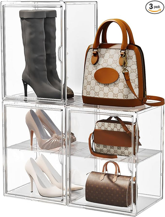 15.75''x11.81''x9.84'' XX-Large Clear Shoe Storage Boxes with Divider, Stackable Plastic Boot Boxes with Magnetic Door, Acrylic display case Box with Lids for Sneaker Purses Handbags Books (3)
