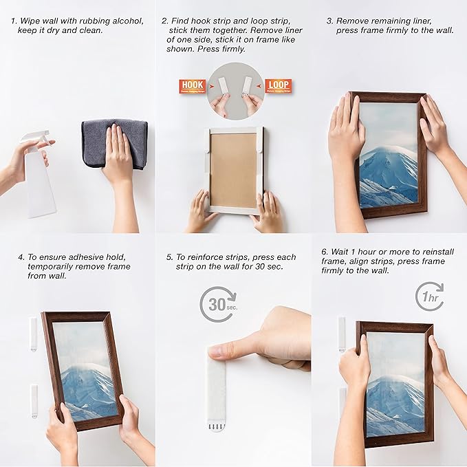 12-Pairs(24 Strips) Large Picture Hanging Strips, Removable Hook and Loop Strips Picture Hanger, Waterproof Damage Free Adhesive Strips for Frame Hanging, Heavy Duty