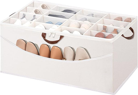 STO STO Shoe Organizer for Closet, Fits Up to 16 Pairs, XL Shoe Box Containers with Adjustable Dividers, Clear Cover Shoe Storage Bins, Stackable Space Saving Shoes Holder for Shoes and Boots, Beige