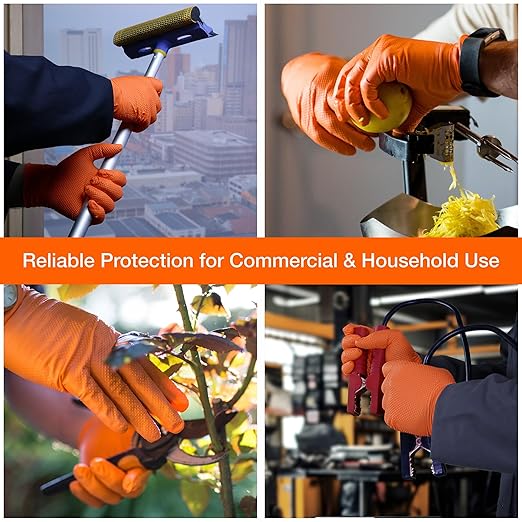 1st Choice 6 mil Orange Gloves, Disposable, Latex Free, Raised Diamond Grip, Mechanic Glove for Men, Medium, Case of 1000