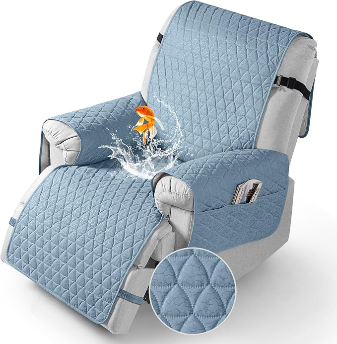 TAOCOCO 100% Waterproof Recliner Cover - Recliner Cover with Non-Slip Granule, Recliner Chair Covers with Elastic Band, Recliner Chair Covers for Reclining Chair(Light Blue,Oversized-30'')