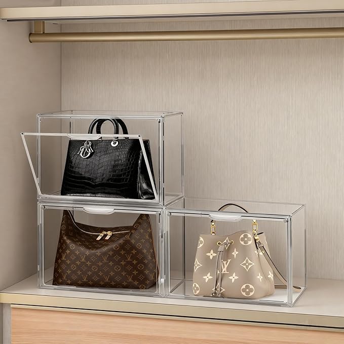6 Pack Clear Acrylic Purse Organizer for Closet, Stackable Handbag Storage Boxes with Magnetic Doors, Dustproof Display Cases for Bags, Shoes & Collectibles