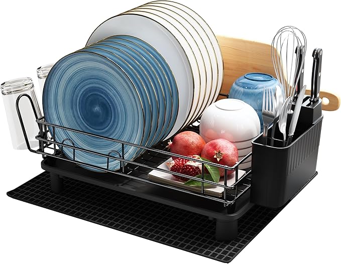 JASIWAY Black Stainless Steel Dish Drainers Drying Rack for Kitchen Counter with Drainboard, Rust Proof Metal, Space Saving, Modern Aesthetic, Compact Plates Strainers with Extra Mat