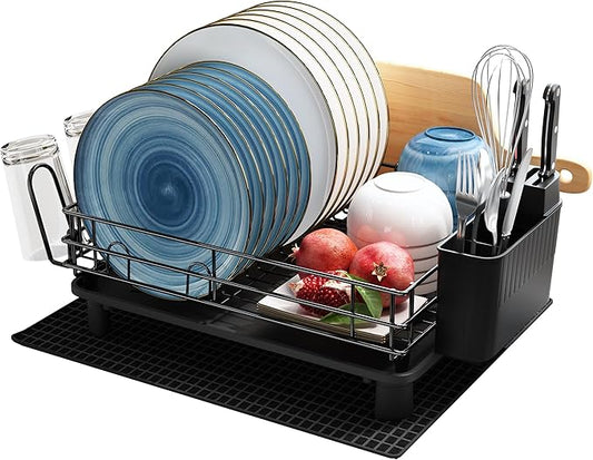 JASIWAY Black Stainless Steel Dish Drainers Drying Rack for Kitchen Counter with Drainboard, Rust Proof Metal, Space Saving, Modern Aesthetic, Compact Plates Strainers with Extra Mat