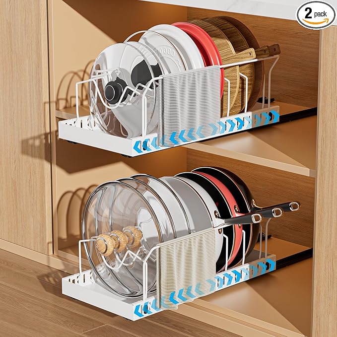 Pull-Out Pots and Pans Organizer, 2 Pack Under Cabinet Pot Lid Holder, Slide Lid Organizers Inside Cabinet, Pot Lid Organizer with 8 Adjustable Dividers & Handle Bracket - White