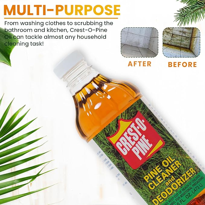 Crest-O-Pine Real Pine Oil Cleaner Concentrate Deodorizer, Multi-Purpose All-Purpose Household Cleaner for Floors, Kitchen, Bathroom, Laundry, Grease & Odor Removal (2, 16 fl oz)