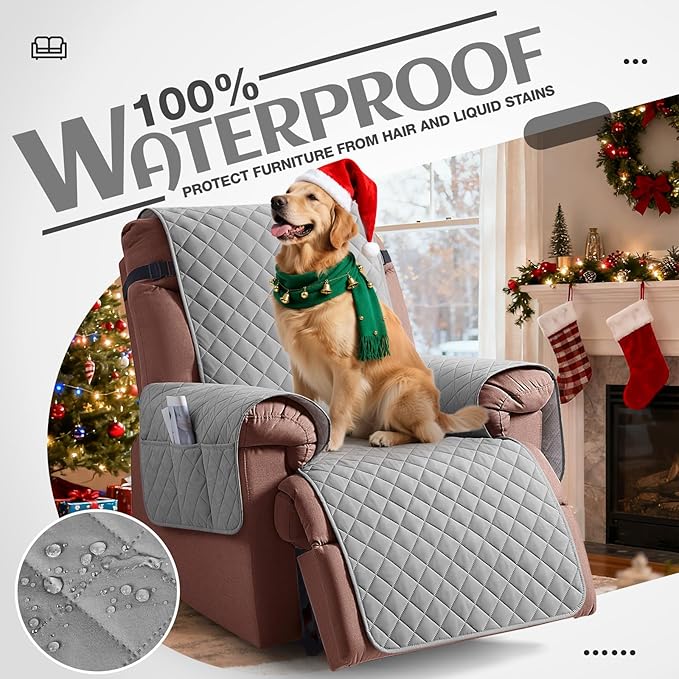 KinCam 100% Waterproof Recliner Chair Cover, Reclining Couch Covers for Pets, Dogs, Recliner Couch Slipcover Furniture Protector with Elastic Straps for Kids(25", Light Gray)