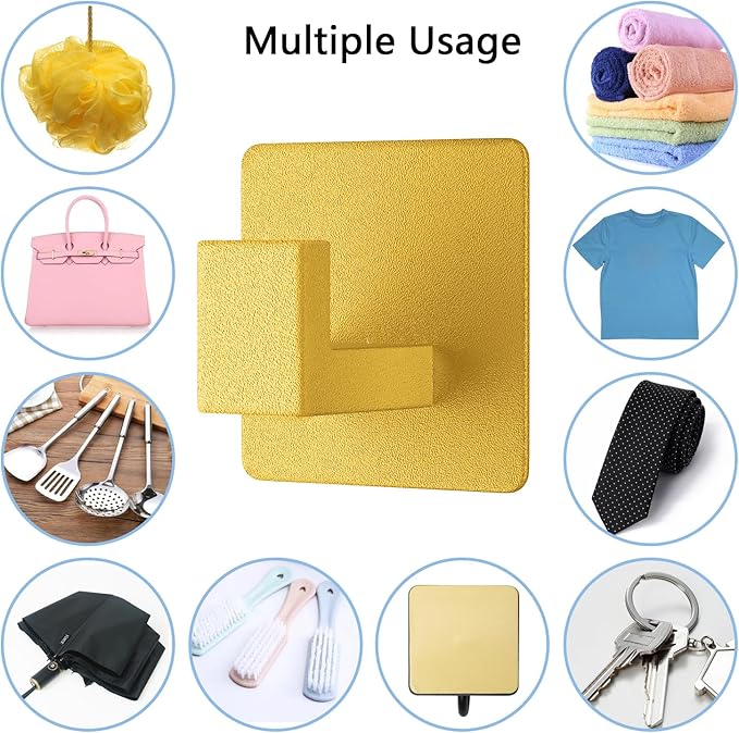 VAEHOLD 6PACK Adhesive Towel Hooks, Heavy Duty Wall Hooks Aluminum Black Hooks for Hanging Coat, Hat, Towel, Robe, Clothes, Shower Hook for Door, Office, Kitchen, Bathroom (Gold)