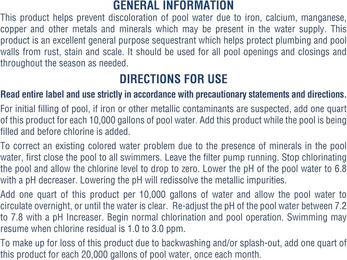 Pool Mate 1-Quart 4-Pack Concentrated Metal Out Stain and Mineral Inhibitor, Pool Metal Remover, Stain Remover, Made in USA