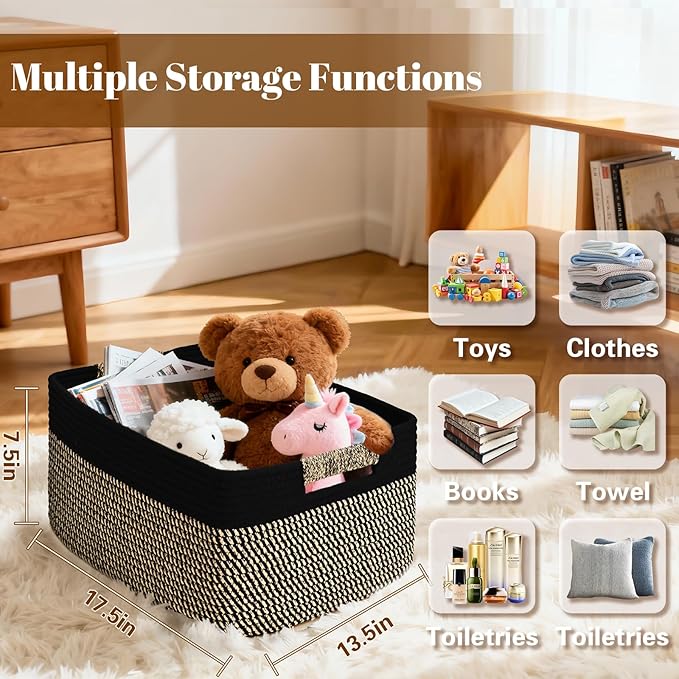 4 Pack Large Storage Basket for Organizing, 17.5"x13"x7" Woven Basket for Shelves, Closet Cube Storage Bins with Wrapped Handle, Cotton Rope Baskets for Kitchen, Clothes, Toys(Black & Brown)