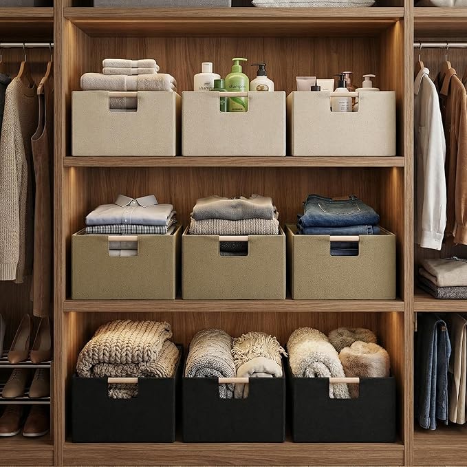 Foldable Fabric Storage Baskets Set of 2 for Shelves, Linen Decorative Storage Bins with Wooden Handles, Small Organizer Cubes for Closet, Rectangle Canvas Boxes for Organizing, Decor (Brown 2 Pack)