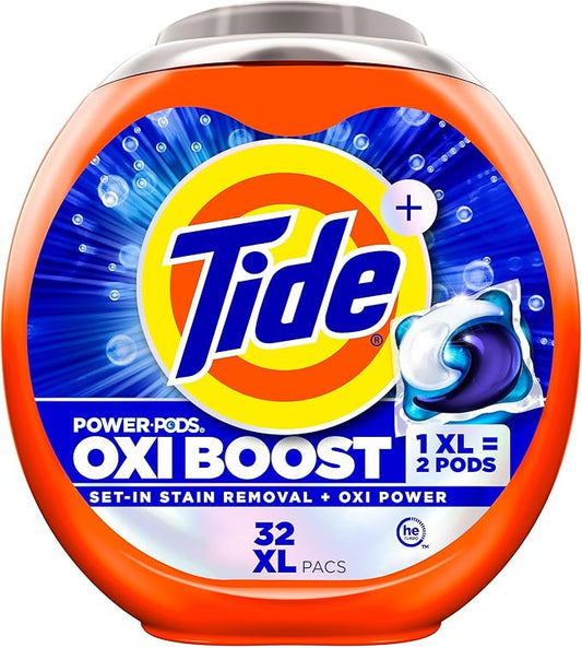 Tide Oxi Boost Power PODS Laundry Detergent Pacs, 32 Count, Set-In Stain Removal + Oxi Power, laundry soap detergent pacs