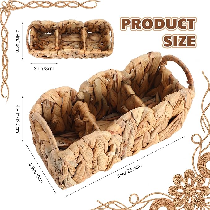 Scalloped Small Water Hyacinth Basket Caddy Party Cutlery Utensil Holder Hand Woven Rattan Basket Divided Cutlery Holder with Handles Kitchen Countertop Picnic Flatware Organizer for Shelves