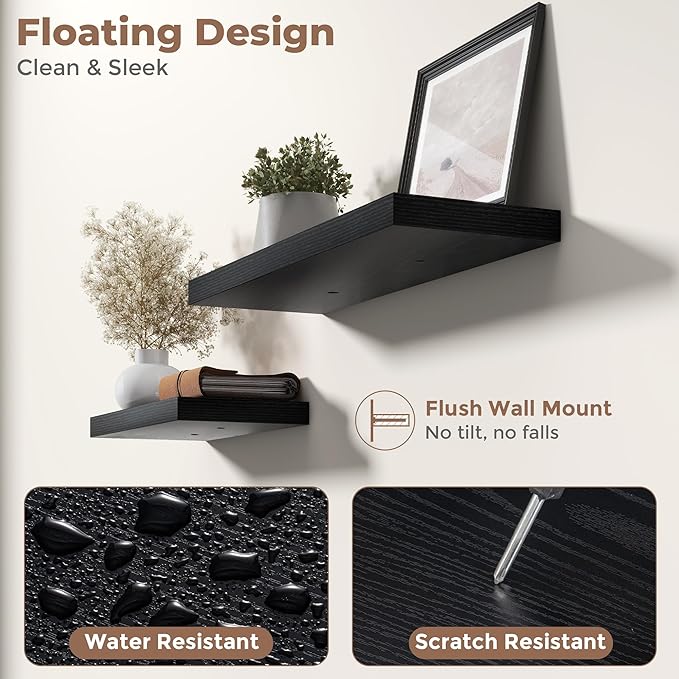 36 Inch Floating Shelves for Wall Set of 2, 8"D Wood Grain Bathroom Shelves with Invisible Brackets, Easy Install Engineered Wood Storage Shelves for Kitchen, Living Room, Bedroom, Black Finish
