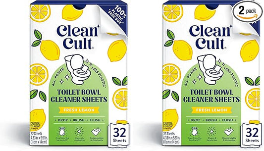 Cleancult Toilet Bowl Cleaner Sheets - Dissolvable, Septic Safe, Effective Cleaning, Removes Stains & Rings, Cleans & Deodorizes - 32 Uses - Fresh Lemon Scent - Plastic-Free Packaging,(Pack of 2)