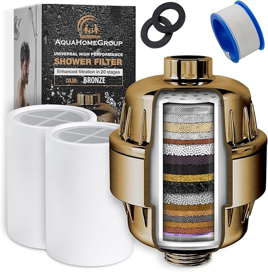 AquaHomeGroup 20 Stage Shower Filter - 2.5 GPM Universal Shower Head Filter for Chlorine, Fluoride, Heavy Metals - Vitamin C E Shower Water Filter for Hair and Skin (Golden)