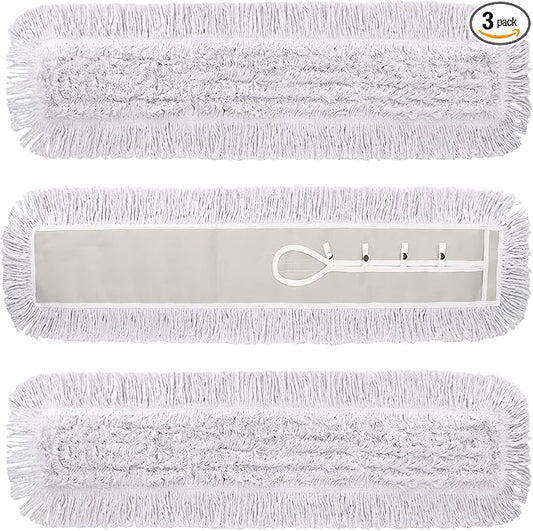 48 Inch Dust Mop Head: Replacement Medium Washable Commercial Mop Head Sweeper and Janitorial Replacement with Botton (White - 48 Inch, 3 Pack, Botton)