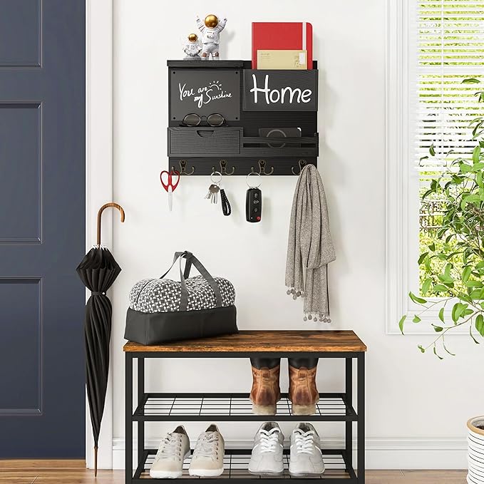 Farmhouse Key Holder for Wall with Mail Organizer - Easy Installation Wall Mount Organizer, Includes Chalkboard, Drawer, Wallet Holder & 4 Double Hooks, Ideal for Entryway, Quick Access - Black