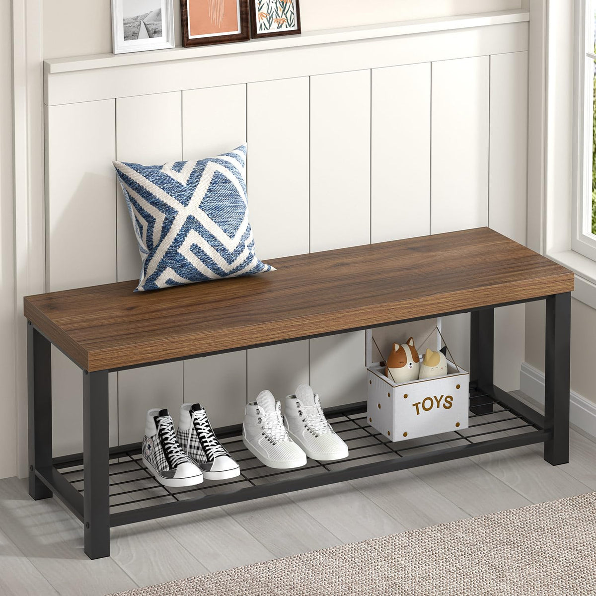 Shoe Bench, Modern Wood and Metal Storage Bench | Home Organization - Image 1