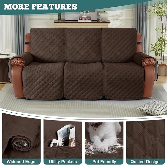 Ruaozz Waterproof Recliner Sofa Covers, 1-Piece Couch Covers for Reclining Couches Reclining Couch Cover Washable Furniture Protector with Elastic Straps Pocket for Kids Pets (Dark Brown, 3 Seater)