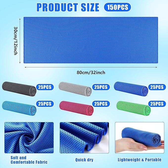 Shellwei 150 Pcs Cooling Towels Bulk 32 x 12 Inch Ice Towel Bulk Cooling Rag for Face and Neck Soft Breathable Microfiber Cloth Chilly Quick Cold for Gym Sport Golf Running Stay Cold (Multiple Colors)
